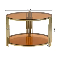 Modern Asymmetrical Coffee Table with Brown Glass Top, Circular Metal Drum Base, Lower Shelf, 31.5" L x 31.5" W x 20" H, Brown(m-3)