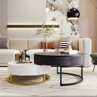 Modern Round Lift-top Nesting Coffee Tables with 2 Drawers, Space-saving Design, Storage Solutions, 31.5" L x 31.5.5" W x 22.5" H, White+Black(m-1)