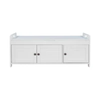 Rustic Storage Bench with Shutter-shaped Doors, Removable Cushion and Hidden Storage, 43.5" L x 16 " W x 18" H, White(m-2)