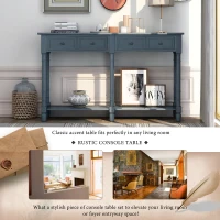 Console Table with Two Storage Drawers and Bottom Shelf, Solid Wood Frame, Easy Assembly, 58" L x 11" W x 34" H, Navy Blue(m-4)