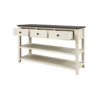 Mid-Century Retro Console Table with 3 Drawers, 2 Open Shelves, Circular Handles, Solid Pine Wood Frame, 50" L x 16" W x 30" H, Beige(m-2)