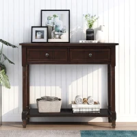 Daisy Series Console Table with Two Drawers and Bottom Shelf, Traditional Design, Pine Wood Frame, 35.5" L x 14" W x 30" H, Dark Brown(m-1)