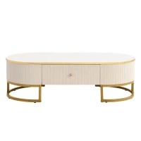 Modern High-Gloss Oval Coffee Table with Storage Drawers, Gold Lacquered Metal Base, Curved Design, 47" L x 23.5" W x 14.5" H, White+Gold(m-2)