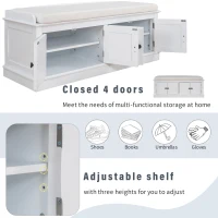 Storage Bench with 4 Doors and Adjustable Shelves, Shoe Bench with Removable Cushion for Entryway, 43" L x 16" W x 17.5" H, White(m-6)