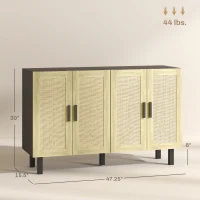 HOMCOM Boho Kitchen Cabinet, Buffet Cabinet with 4 Rattan Doors and Adjustable Shelves for Dining Room, Black and Natural(m-3)