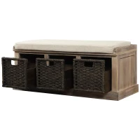 Rustic Storage Bench with 3 Rattan Baskets, No Assembly Required, Entryway Bench with Removable Cushion, 44" L x 16" W x 17" H, Natural(m-9)