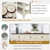 Mid-Century Retro Console Table with 3 Drawers, 2 Open Shelves, Circular Handles, Solid Pine Wood Frame, 50" L x 16" W x 30" H, Beige(m-7)