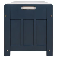 Rustic Storage Bench with Shutter-shaped Doors, Hidden Storage and Removable Cushion, 43.5" L x 16 " W x 18" H, Antique Navy(m-15)