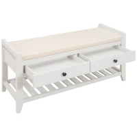 Multipurpose Entryway Storage Bench with Pine Wood Construction, Shoe Rack with Cushioned Seat and Drawers, 39" L x 14" W x 20" H, White(m-12)