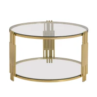 Modern Glass Coffee Table with Asymmetrical Metal Design, Circular Drum Base, Sofa Table with Lower Shelf, 31.5" L x 31.5" W x 20" H, Gold(m-12)