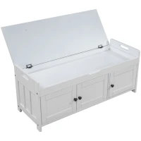 Rustic Storage Bench with Shutter-shaped Doors, Removable Cushion and Hidden Storage, 43.5" L x 16 " W x 18" H, White(m-9)