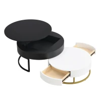 Modern Round Lift-top Nesting Coffee Tables with 2 Drawers, Space-saving Design, Storage Solutions, 31.5" L x 31.5.5" W x 22.5" H, White+Black(m-12)