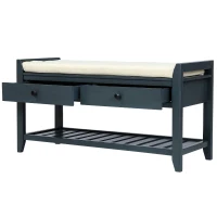 Shoe Rack with Cushioned Seat and Drawers, Pine Wood Frame, Multipurpose Entryway Storage Bench, 39" L x 14" W x 20" H, Antique Navy(m-8)