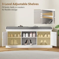 HOMCOM Shoe Bench with Padded Cushion, Boho Entryway Bench with Rattan Doors and Adjustable Shelves, Holds 9 Pairs, White(m-7)