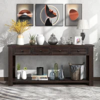 Rustic Chic Console Table with 4 Storage Drawers, Bottom Shelf, Solid Wood Frame, All Tools Included, 63" L x 14" W x 30" H, Dark Brown(m-1)
