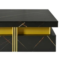 Modern Square Storage Coffee Table with 4 Functional Drawers, MDF Construction, Gold Accents, 43.5" L x 43.5" W x 16.5" H, Black+Gold(m-9)
