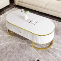 Modern High-Gloss Oval Coffee Table with Storage Drawers, Gold Lacquered Metal Base, Curved Design, 47" L x 23.5" W x 14.5" H, White+Gold(m-1)