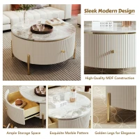 Modern Round Coffee Table with 2 Large Drawers, MDF Construction and Golden Legs, 31.5" L x 31.5" W x 17" H, Gold+White(m-4)