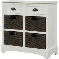 Rustic Storage Cabinet with Two Drawers and Four Rattan Baskets, Modern Farmhouse Style, Acacia Wood Frame, 28" L x 12" W x 28" H, White(m-7)