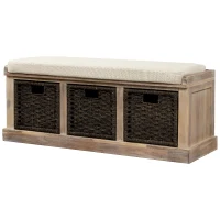 Rustic Storage Bench with 3 Rattan Baskets, No Assembly Required, Entryway Bench with Removable Cushion, 44" L x 16" W x 17" H, Natural(m-8)