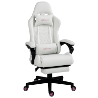 Vinsetto High Back PU Leather Gaming Chair, Racing Computer Chair with Swivel Wheels, Retractable Footrest, Headrest, Lumbar Support, and Armrest, White and Pink