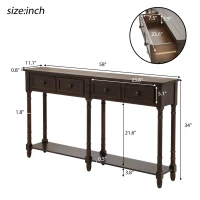 Console Table with Two Storage Drawers and Bottom Shelf, Easy Assembly, Solid Wood Frame, 58" L x 11" W x 34" H, Dark Brown(m-3)