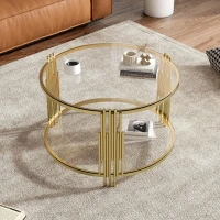 Modern Glass Coffee Table with Asymmetrical Metal Design, Circular Drum Base, Sofa Table with Lower Shelf, 31.5" L x 31.5" W x 20" H, Gold(m-6)