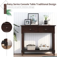 Daisy Series Console Table with Two Drawers and Bottom Shelf, Traditional Design, Pine Wood Frame, 35.5" L x 14" W x 30" H, Dark Brown(m-4)