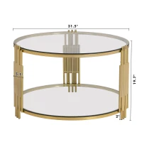 Modern Glass Coffee Table with Asymmetrical Metal Design, Circular Drum Base, Sofa Table with Lower Shelf, 31.5" L x 31.5" W x 20" H, Gold(m-3)
