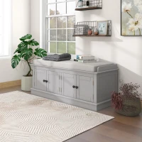 Storage Bench with 4 Doors and Adjustable Shelves, Comfortable Seating, Removable Cushion for Entryway, 43" L x 16" W x 17.5" H, Gray(m-1)