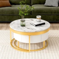 Modern Round Nesting Coffee Table with Drawers, MDF and Metal Pedestal Base, Durable Construction, 31.5" L x 31.5" W x 17" H, Gold+White(m-10)