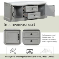 Storage Bench with 4 Doors and Adjustable Shelves, Removable Cushion for Entryway, 43" L x 16" W x 17.5" H, Gray(m-6)