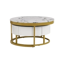 Modern Round Nesting Coffee Table with Drawers, MDF and Metal Pedestal Base, Durable Construction, 31.5" L x 31.5" W x 17" H, Gold+White(m-12)