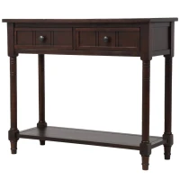 Daisy Series Console Table with Two Drawers and Bottom Shelf, Traditional Design, Pine Wood Frame, 35.5" L x 14" W x 30" H, Dark Brown(m-2)