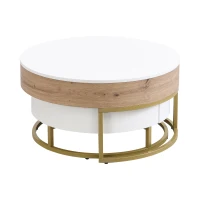 Modern Round Lift-top Nesting Coffee Tables with Hydraulic Lifting System, Space-saving Design, 31.5" L x 31.5" W x 16" H, Natural+White(m-12)