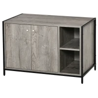 PawHut Large Wooden & Steel Cat Litter Box Enclosure, Kitten Washroom End Table, Indoor Hidden Cat House with Magnetic Doors & Storage Shelves, Gray(m-11)