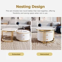 Modern Round Nesting Coffee Table Set with Drawers, MDF Top and Gold Legs, 2 Piece Set, 27.5" L x 27.5" W x 17.5" H, White+Gold(m-4)