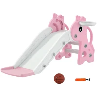 Qaba 3 in 1 Toddler Slide for Age 1-3, Kids Slide with Climber, Basketball Hoop and Ball, Giraffe Design, Pink(m-11)