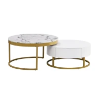 Modern Round Nesting Coffee Table with Drawers, MDF and Metal Pedestal Base, Durable Construction, 31.5" L x 31.5" W x 17" H, Gold+White(m-2)