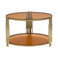 Modern Asymmetrical Coffee Table with Brown Glass Top, Circular Metal Drum Base, Lower Shelf, 31.5" L x 31.5" W x 20" H, Brown(m-12)