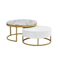 Modern Round Nesting Coffee Table with Drawers, MDF and Metal Pedestal Base, Durable Construction, 31.5" L x 31.5" W x 17" H, Gold+White(m-13)