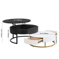 Modern Round Lift-top Nesting Coffee Tables with 2 Drawers, Space-saving Design, Storage Solutions, 31.5" L x 31.5.5" W x 22.5" H, White+Black(m-3)