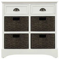 Rustic Storage Cabinet with Two Drawers and Four Rattan Baskets, Modern Farmhouse Style, Acacia Wood Frame, 28" L x 12" W x 28" H, White(m-2)
