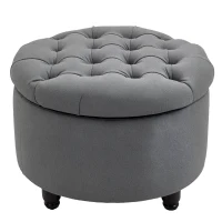 HOMCOM Round Linen-touch Fabric Storage Footstool Ottoman Button Tufted Footrest with Removable Lid, Grey(m-1)