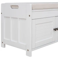 Rustic Storage Bench with Shutter-shaped Doors, Removable Cushion and Hidden Storage, 43.5" L x 16 " W x 18" H, White(m-10)