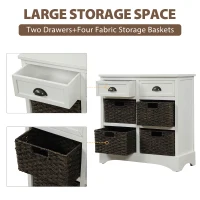 Rustic Storage Cabinet with Two Drawers and Four Rattan Baskets, Modern Farmhouse Style, Acacia Wood Frame, 28" L x 12" W x 28" H, White(m-6)