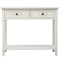 Daisy Series Console Table with Two Drawers and Bottom Shelf, Easy Assembly, Pine Wood Frame, 35.5" L x 14" W x 30" H, Ivory White(m-2)