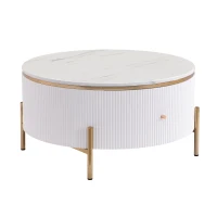 Modern Round Coffee Table with 2 Large Drawers, MDF Construction and Gold Legs, Sleek Modern Design, 31.5" L x 31.5" W x 17" H, White+Gold(m-12)