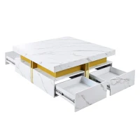 Modern Square Storage Coffee Table with 4 Drawers, MDF Construction, Ample Storage with Four Drawers, 33.5" L x 33.5" W x 16.5" H, White(m-13)