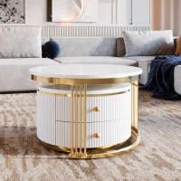 Modern Round Nesting Coffee Table Set with Drawers, MDF Top and Gold Legs, 2 Piece Set, 27.5" L x 27.5" W x 17.5" H, White+Gold(m-9)
